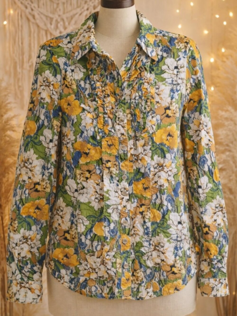 Sunset Rd. Floral Cotton Button-Up Shirt Top Blouse 8 Boho Cottagecore Tropical